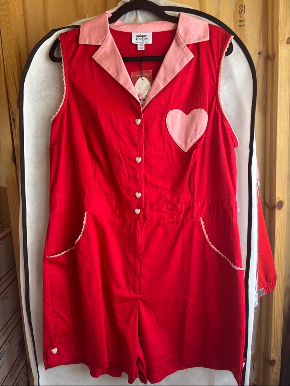 Unique Vintage Red Romper with Pink Heart Accents